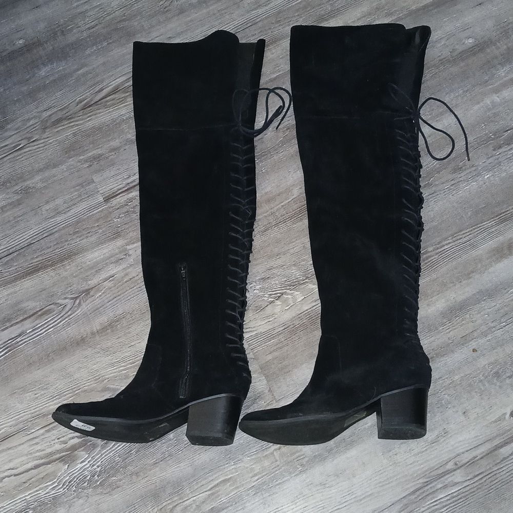 ALDO Bresa suede black over the knee lace laced back block heel boots  Sz 6.5